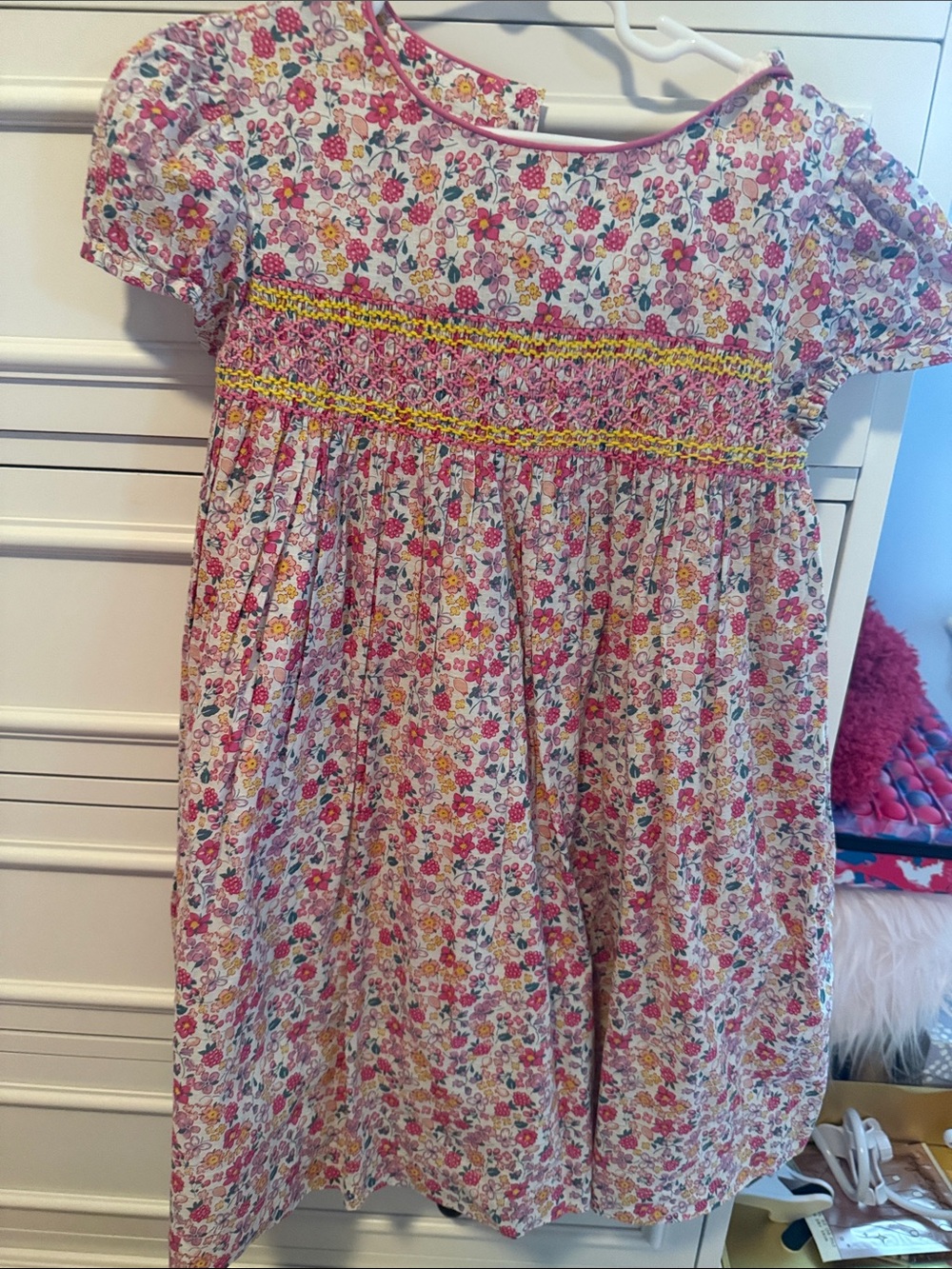 Mini Boden Pink Floral Smocked Linen Blend Dress- excellent condition